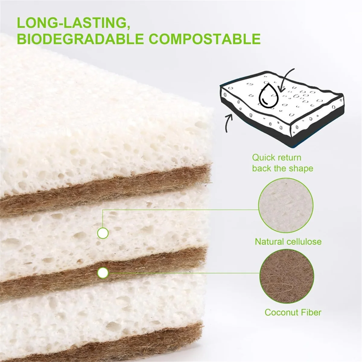 Eco-Friendly Natural Dish Sponges – 12 Biodegradable Sponges with Scrubber