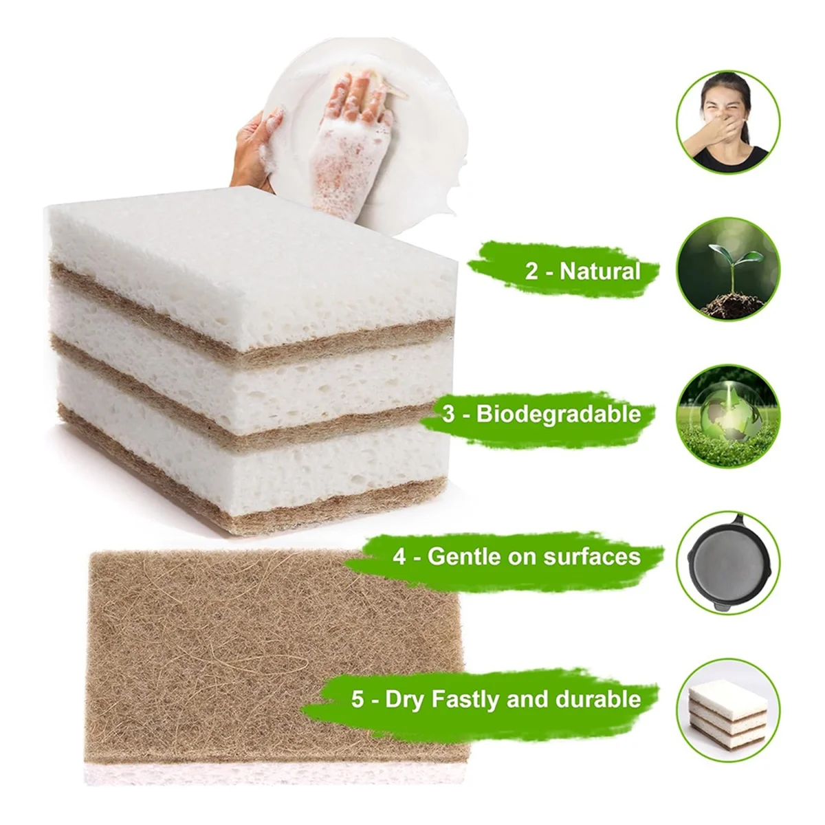 Eco-Friendly Natural Dish Sponges – 12 Biodegradable Sponges with Scrubber