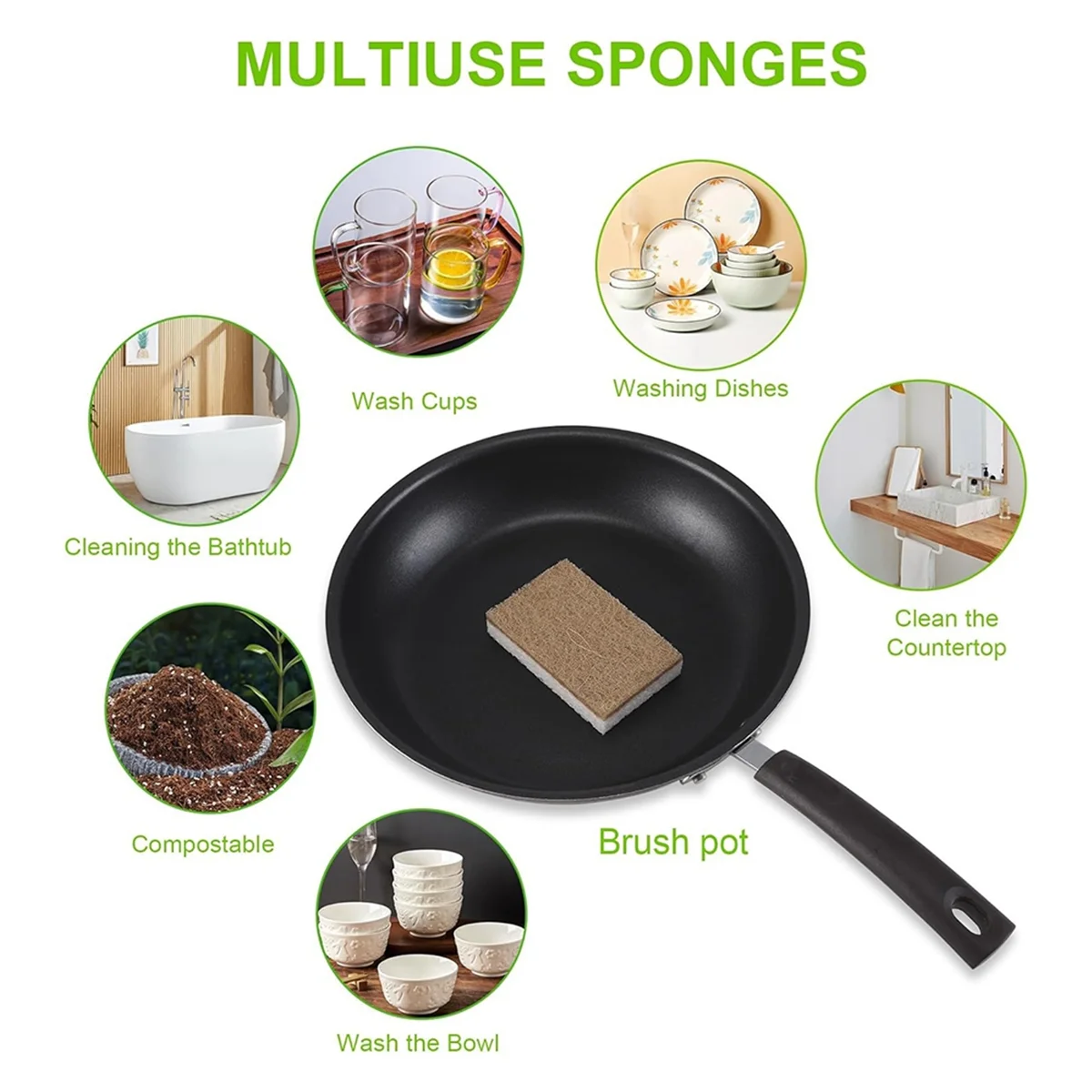 Eco-Friendly Natural Dish Sponges – 12 Biodegradable Sponges with Scrubber