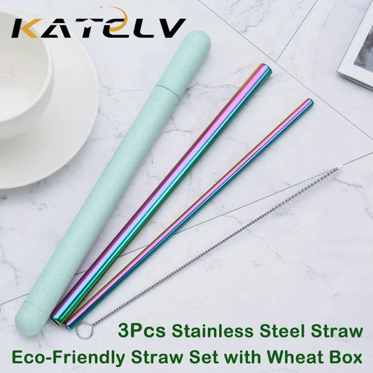 Stainless Steel Straw Set – 3 Reusable Straws with Brush & Case, Eco-Friendly