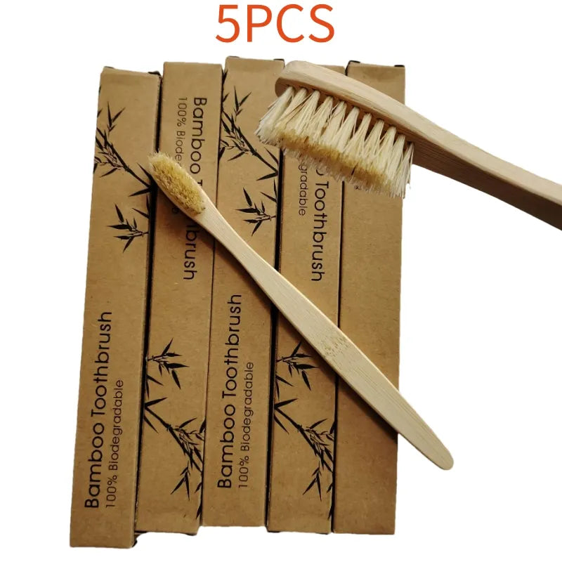 Natural Bamboo Toothbrushes – 5-Pack Biodegradable Boar Bristle Eco Oral Care